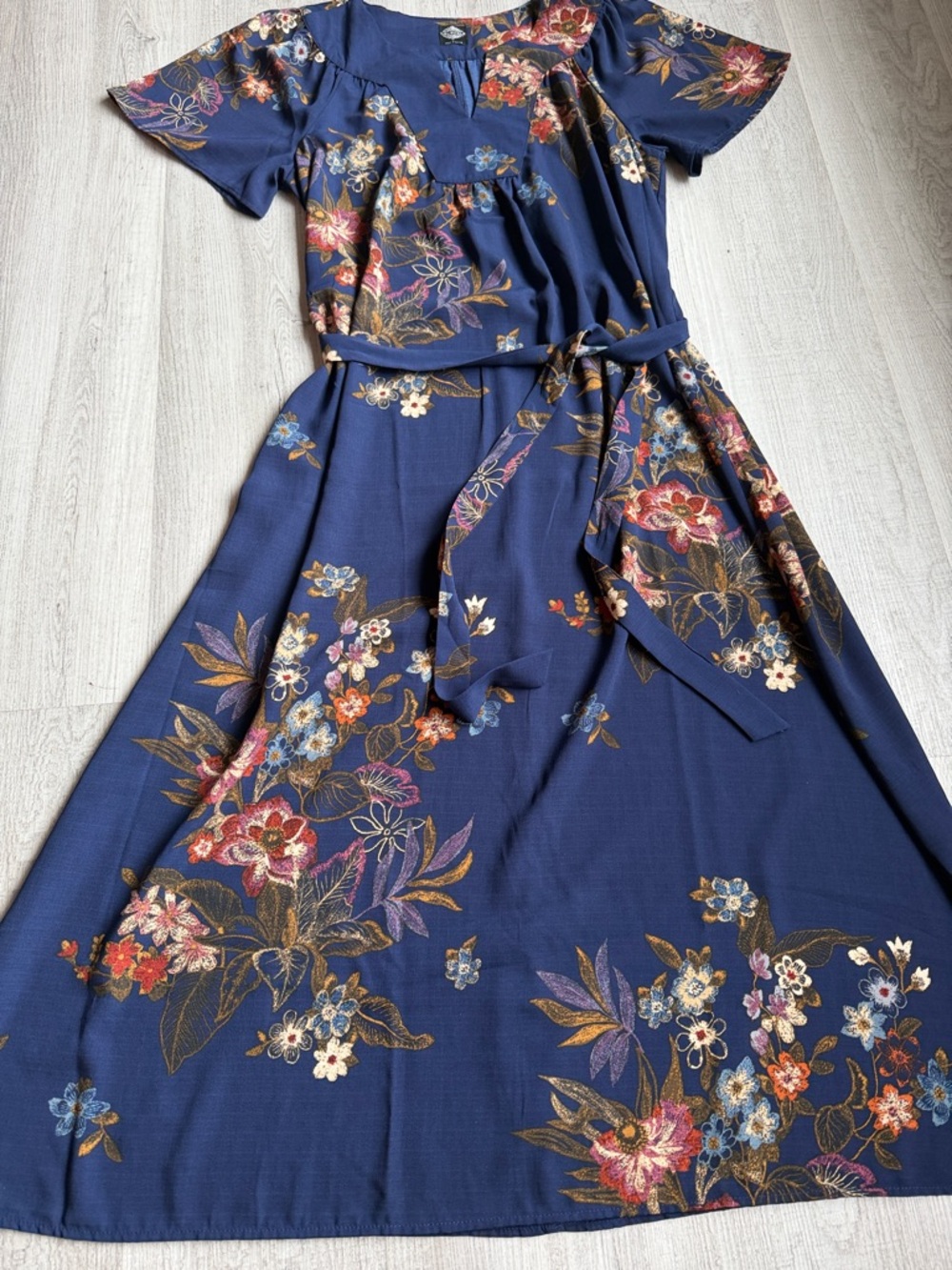Cali Style Floral Midi Dress‎ Blue Belted Short Sleeve Boho Casual # 1 F